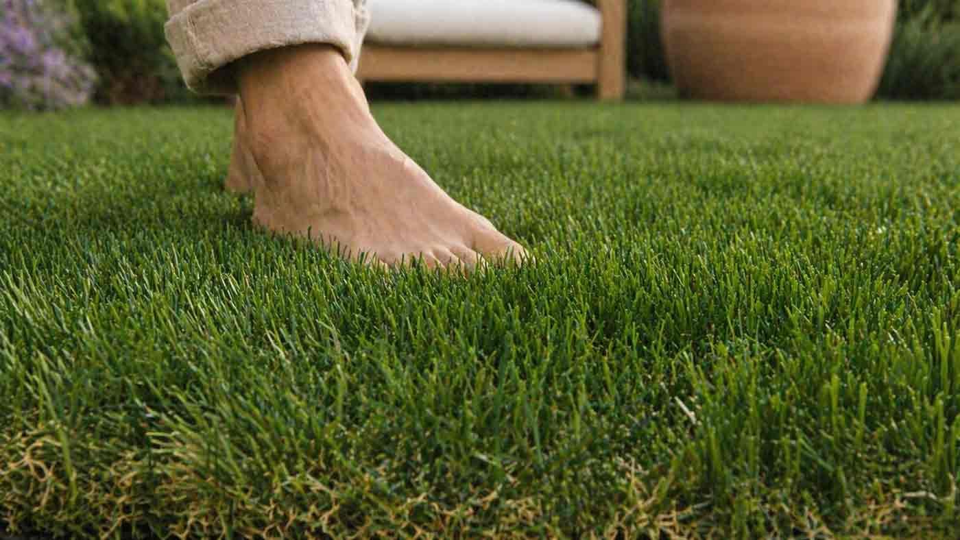 Gros plan sur les fibres denses d'un gazon synthétique Verdeko ultra doux